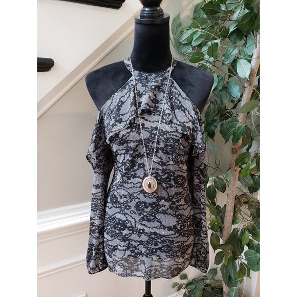 Michael Kors Blouse Top Womens Medium Gray Ruffle Floral Cold Shoulder Sleeve - Picture 1 of 12
